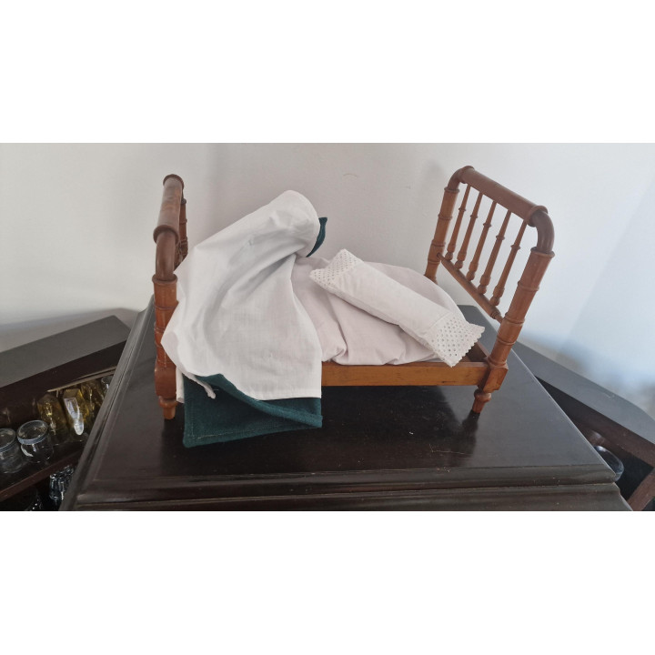 Vintage 1950s Handcrafted Wooden Doll Bed with Bedding