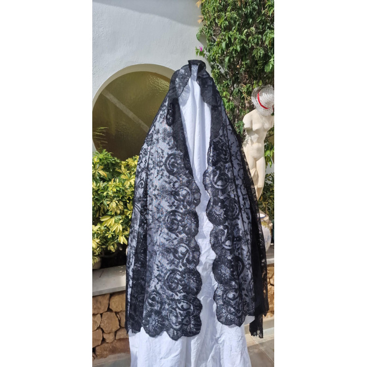 Mantilha Espanhola Vintage 1960 | Renda Preta 220x100 cm