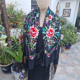 Vintage Mantón de Manila Jaren 50 - Handgeborduurde Zwarte Zijde