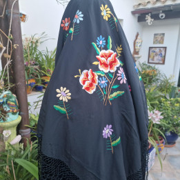 Xale de Manila Vintage 1940-1950 - Viscose Preta 110x110cm