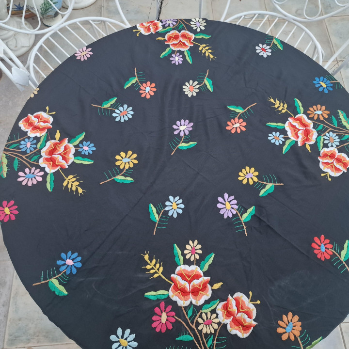 Vintage Manila-Schal 1940-1950 - Schwarze Viskose 110x110cm