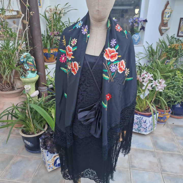 Scialle di Manila Vintage 1940-1950 - Viscosa Nera 110x110cm
