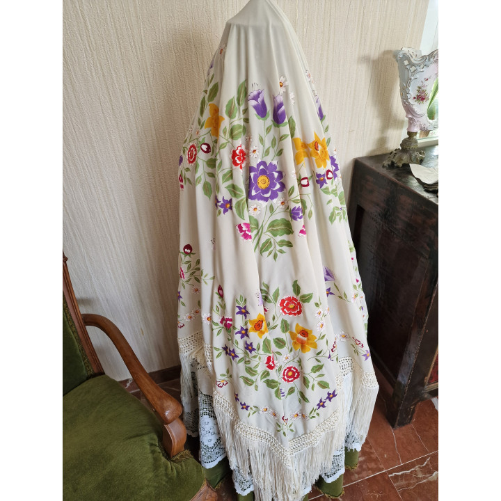Mantón de Seda Pintado à Mão - Vintage Anos 70