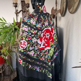 Vintage Black Silk Manila Shawl 1960s | Hand-Embroidered