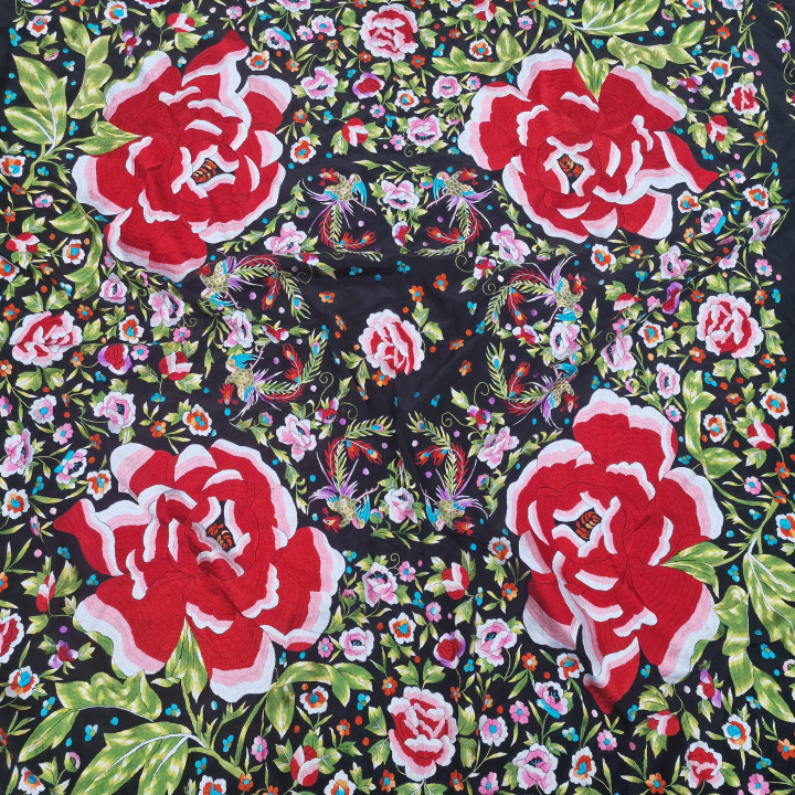 Mantón de Manila Vintage Seda Preta Bordado à Mão 1960
