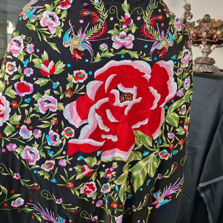 Vintage Black Silk Manila Shawl 1960s | Hand-Embroidered