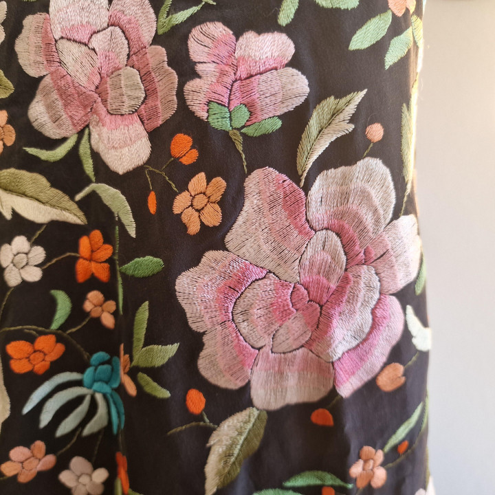 Hand-Embroidered Black Silk Manila Shawl 1950s