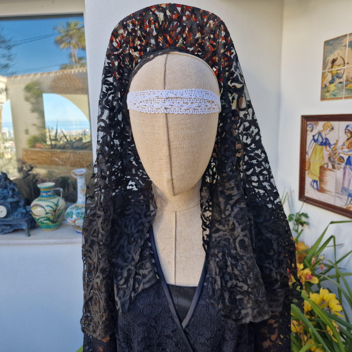 19th Century Spanish Silk Lace Mantilla - Restored