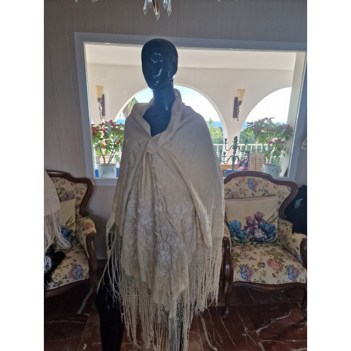 Vintage Mantón de Manila aus Seide - Handbestickt 150x150cm