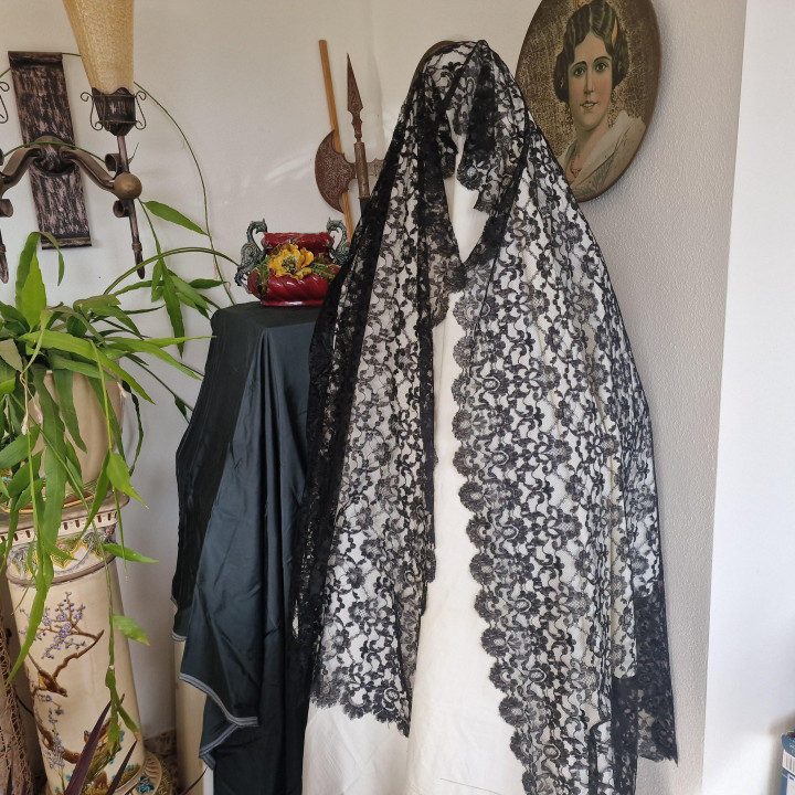 Vintage 1940s Spanish Mantilla | Black Floral Lace Veil 102"