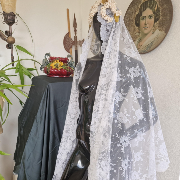 Spaanse Mantilla van Wit Kant (Jaren '70) - 260x100 cm