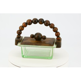 Art Deco Uranium Glass Butter Dish & Wood Case, 1930s