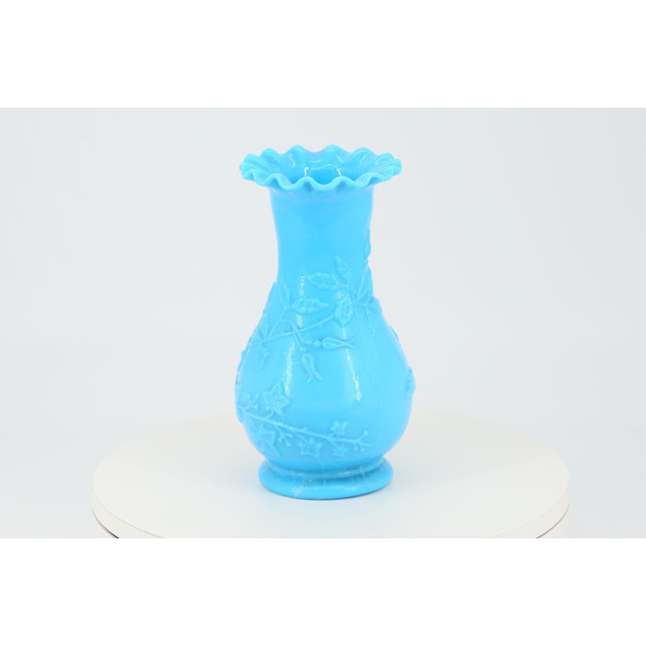 1930s Blue Opaline Glass Vase - Art Deco Relief