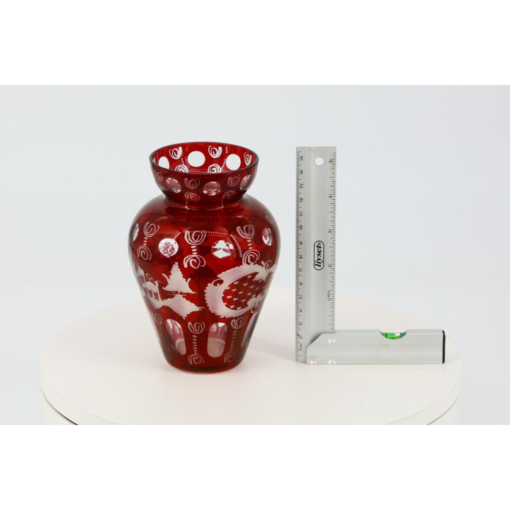 Vintage Egermann Bohemian Ruby Glass Vase, Hand-Engraved 1930s