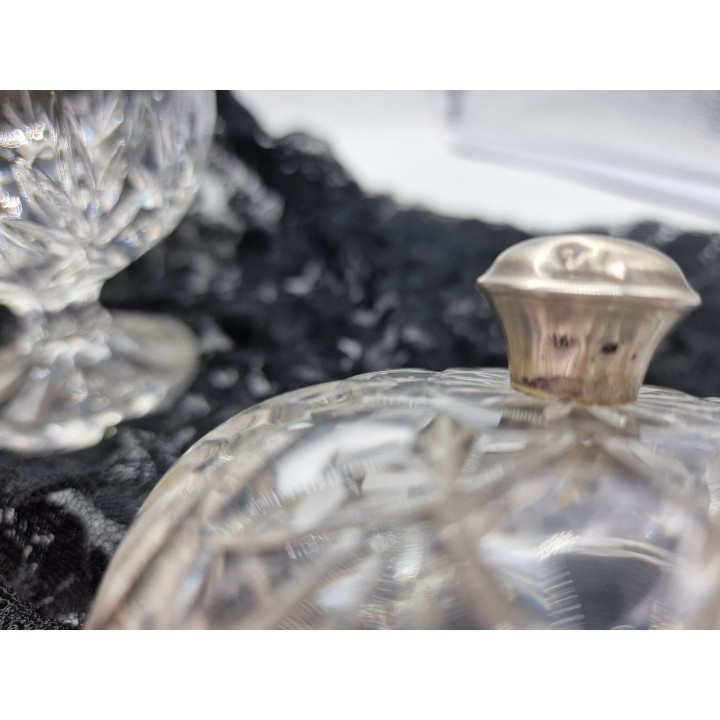 Antique 1920s Cut Glass Candy Dish with Silver Finial