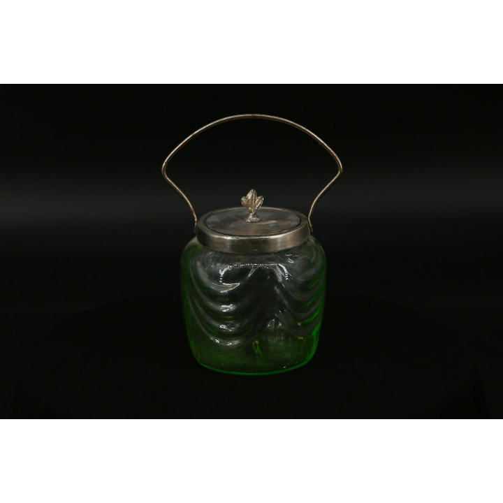 Art Déco Zuckerdose, grünes Glas & Metall (1930er)