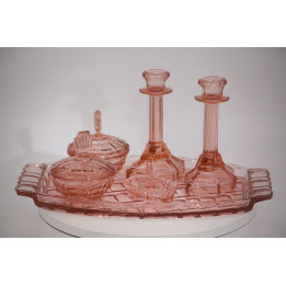 Art Deco Pink Pressed Glass Vanity Set - 6 Pieces Mid-Century