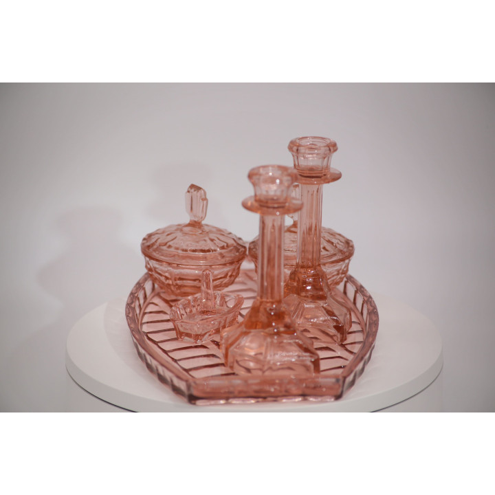 Art Déco Toilettenset Rosa Glas - 6-teilig Mid-Century