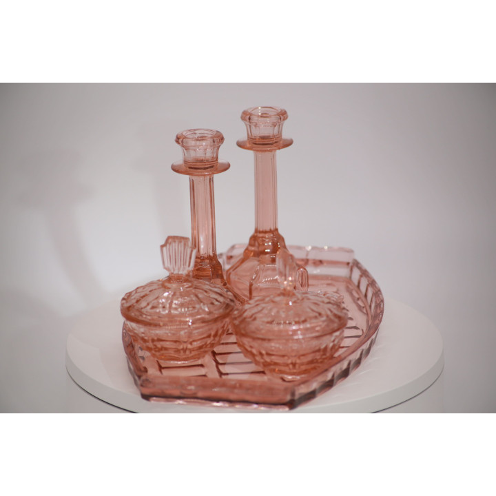 Art Deco Pink Pressed Glass Vanity Set - 6 Pieces Mid-Century