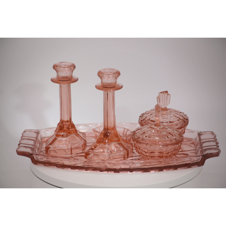 Service de Toilette Art Déco Verre Rose - 6 Pièces Vintage
