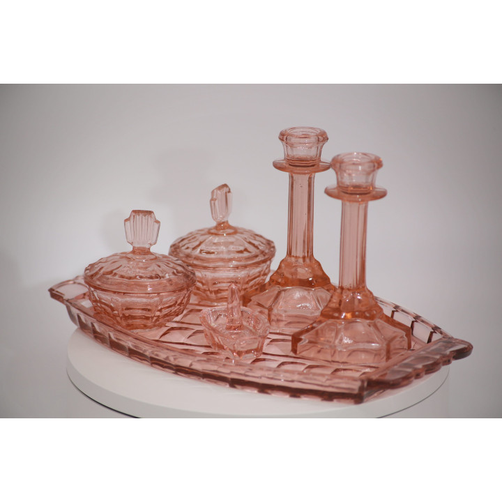 Conjunto de Toucador Art Déco Vidro Rosa - 6 Peças Vintage
