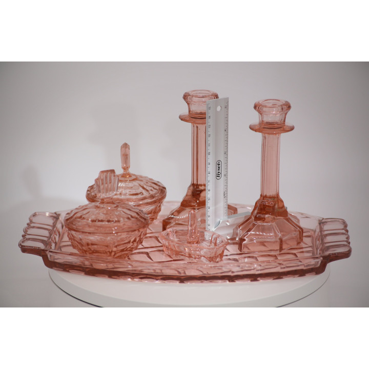 Art Déco Toilettenset Rosa Glas - 6-teilig Mid-Century
