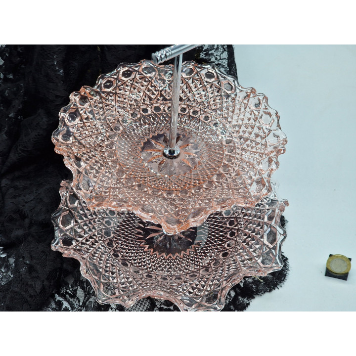 Centre de Table Verre Rose 2 Niveaux 1950 Angleterre