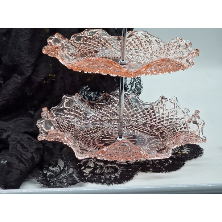 Centre de Table Verre Rose 2 Niveaux 1950 Angleterre