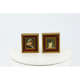 Portraits miniatures sur soie, paire | Décoration vintage 1990