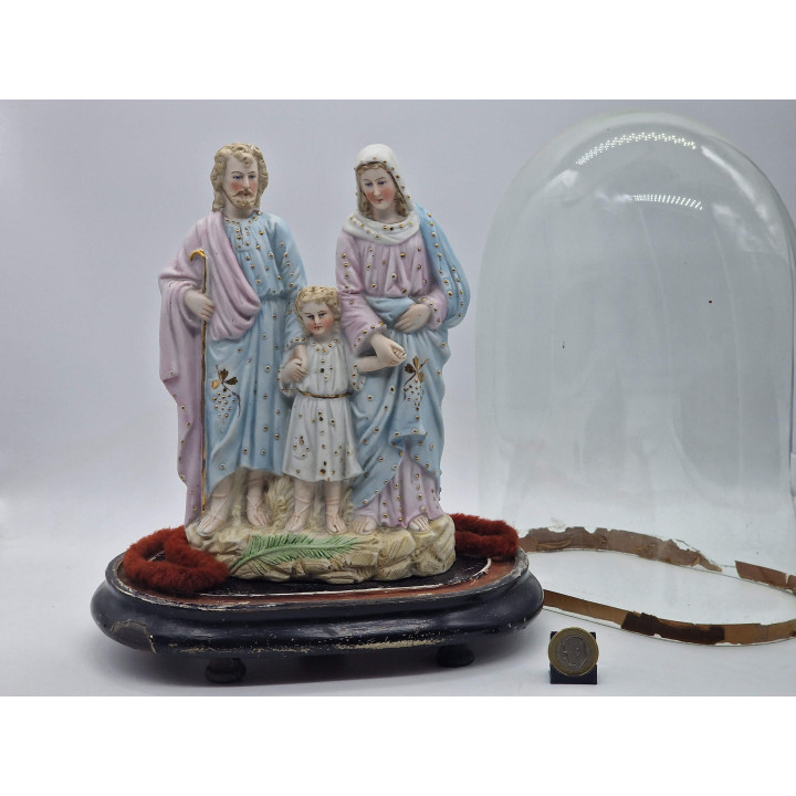 Sculpture Sainte Famille sous Globe de Verre (v. 1920)