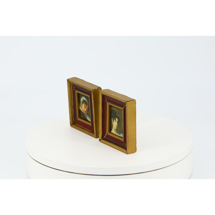 Pair of Vintage Silk Portrait Miniatures | 1990s Decor