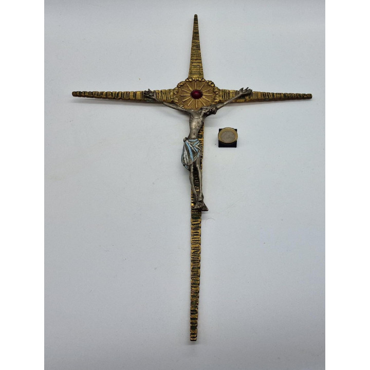 Grande Crocefisso da Parete Anni '40 - Metallo e Vetro