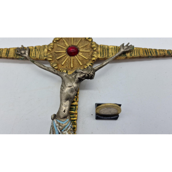 Grande Crucifixo de Parede Anos 40 - Metal e Vidro