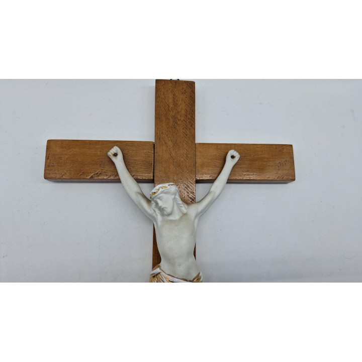 1940s Wall Crucifix Wood & Polychrome Porcelain