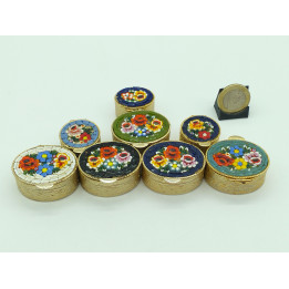 Pastillero de Micromosaico Italiano Vintage, Cajita de Latón y Vidrio para Joyas, Mosaico Floral Hecho a Mano en Italia, Años 60
