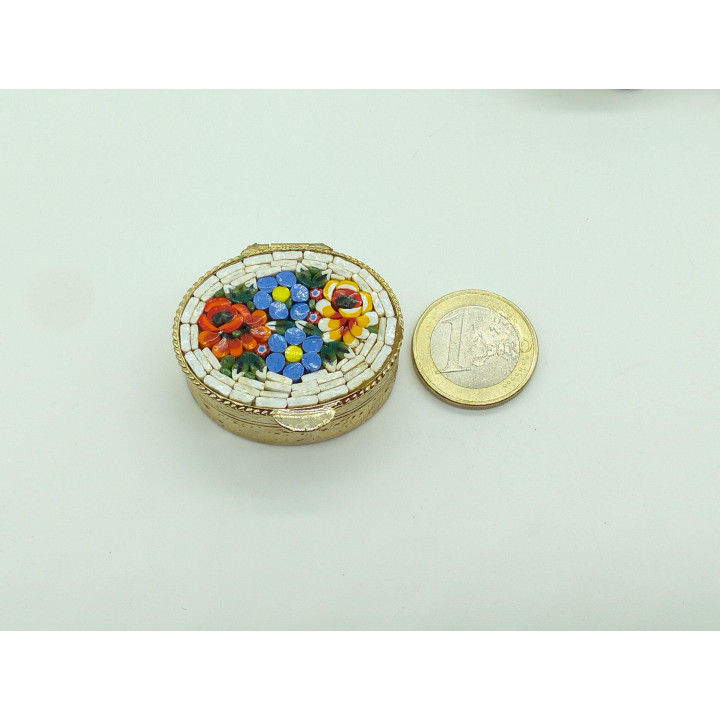 Pastillero de Micromosaico Italiano Vintage, Cajita de Latón y Vidrio para Joyas, Mosaico Floral Hecho a Mano en Italia, Años 60