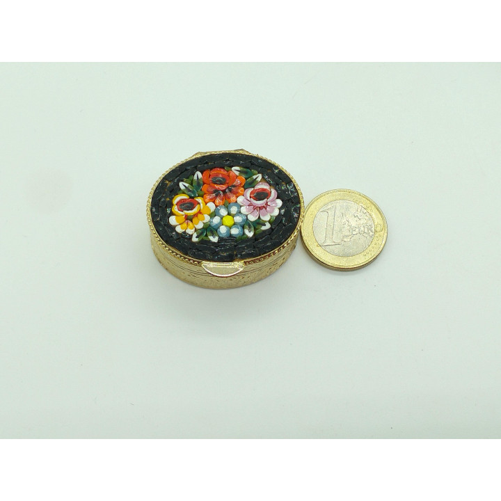 Pastillero de Micromosaico Italiano Vintage, Cajita de Latón y Vidrio para Joyas, Mosaico Floral Hecho a Mano en Italia, Años 60
