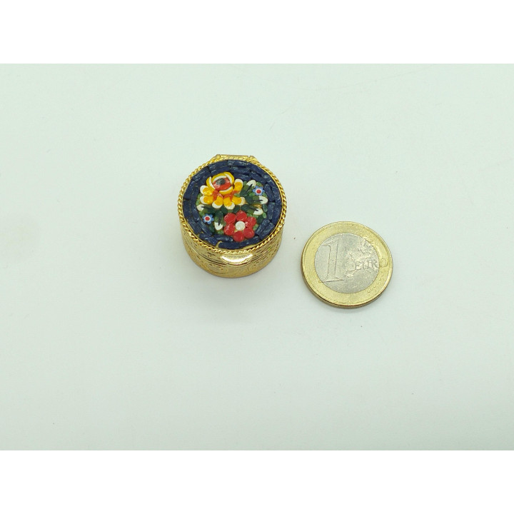 Pastillero de Micromosaico Italiano Vintage, Cajita de Latón y Vidrio para Joyas, Mosaico Floral Hecho a Mano en Italia, Años 60