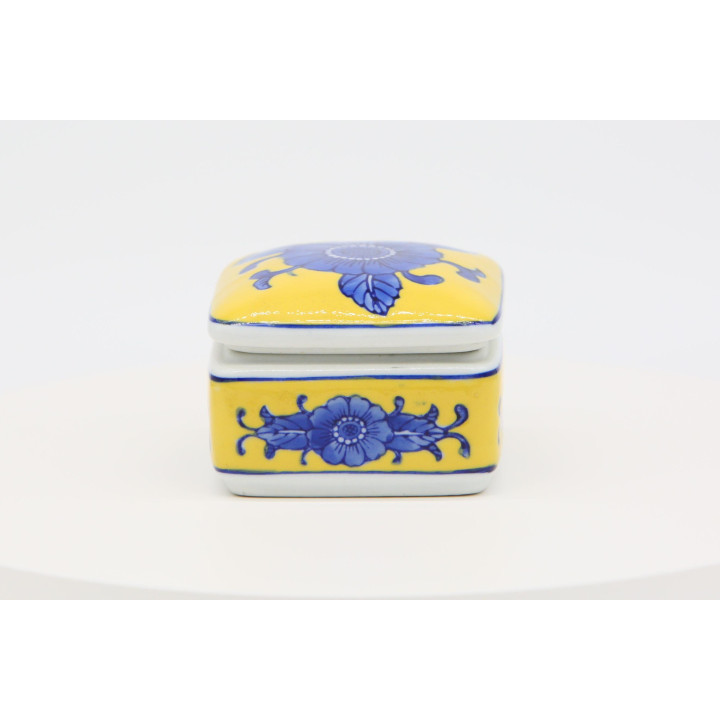 1980s Vintage Ceramic Jewelry Box - Yellow & Blue Floral