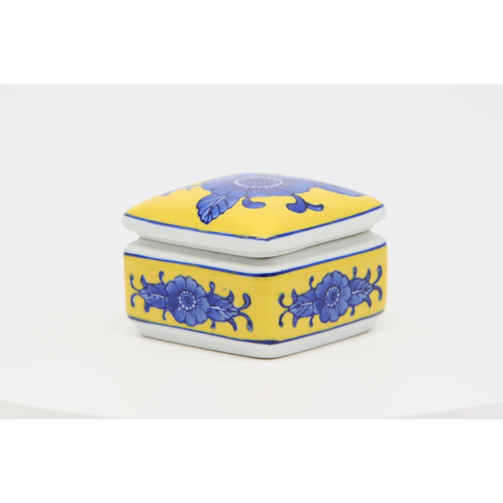 1980s Vintage Ceramic Jewelry Box - Yellow & Blue Floral