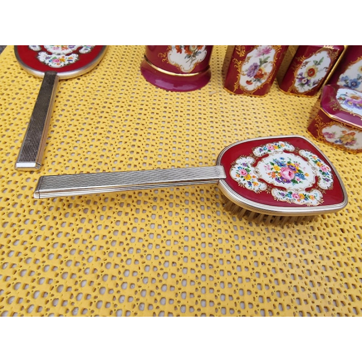 Juego de Tocador de Porcelana de Limoges y Espejo (7 pzs, 1940)