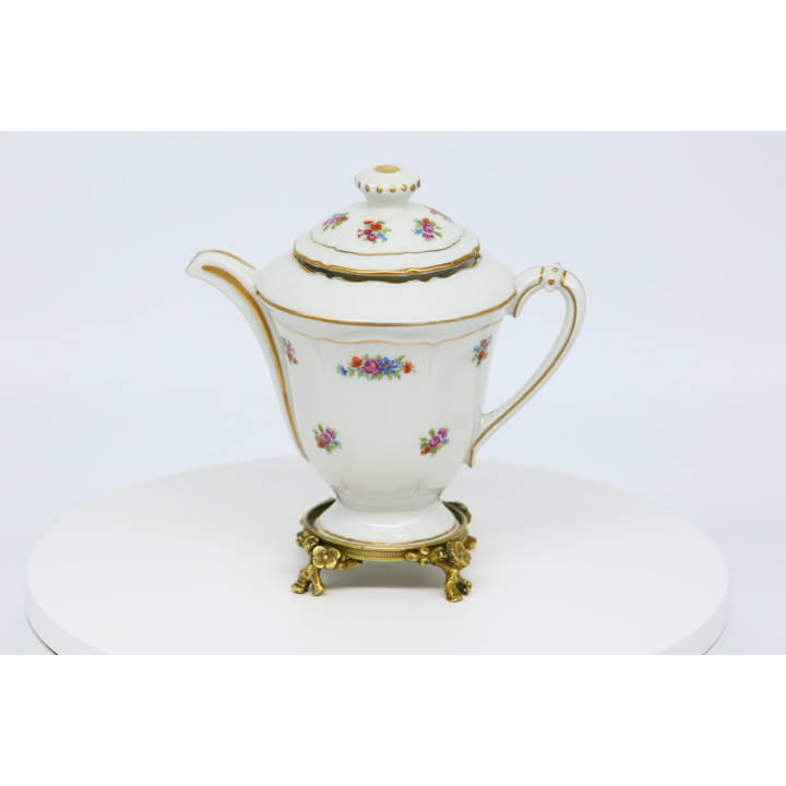 Tetera de Porcelana Limoges con Soporte de Bronce, Porcelaines Pallas Tetera de Té Floral, Vajilla de Oro Fino, 19 cm, Años 80