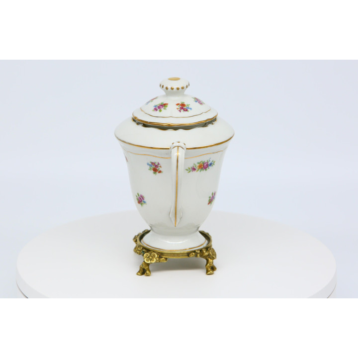 Tetera de Porcelana Limoges con Soporte de Bronce, Porcelaines Pallas Tetera de Té Floral, Vajilla de Oro Fino, 19 cm, Años 80