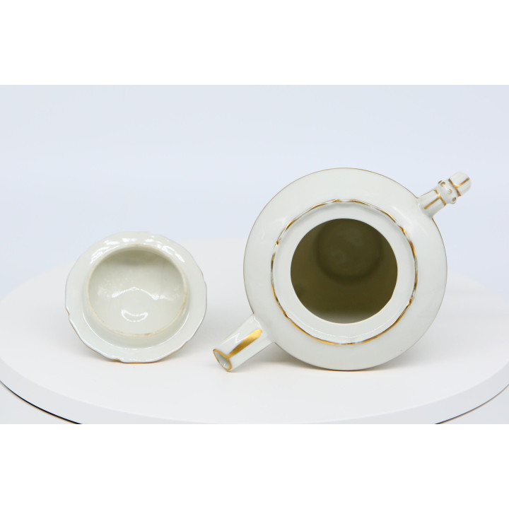 Tetera de Porcelana Limoges con Soporte de Bronce, Porcelaines Pallas Tetera de Té Floral, Vajilla de Oro Fino, 19 cm, Años 80
