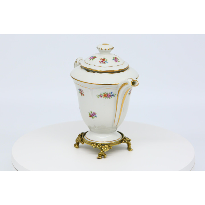 Tetera de Porcelana Limoges con Soporte de Bronce, Porcelaines Pallas Tetera de Té Floral, Vajilla de Oro Fino, 19 cm, Años 80