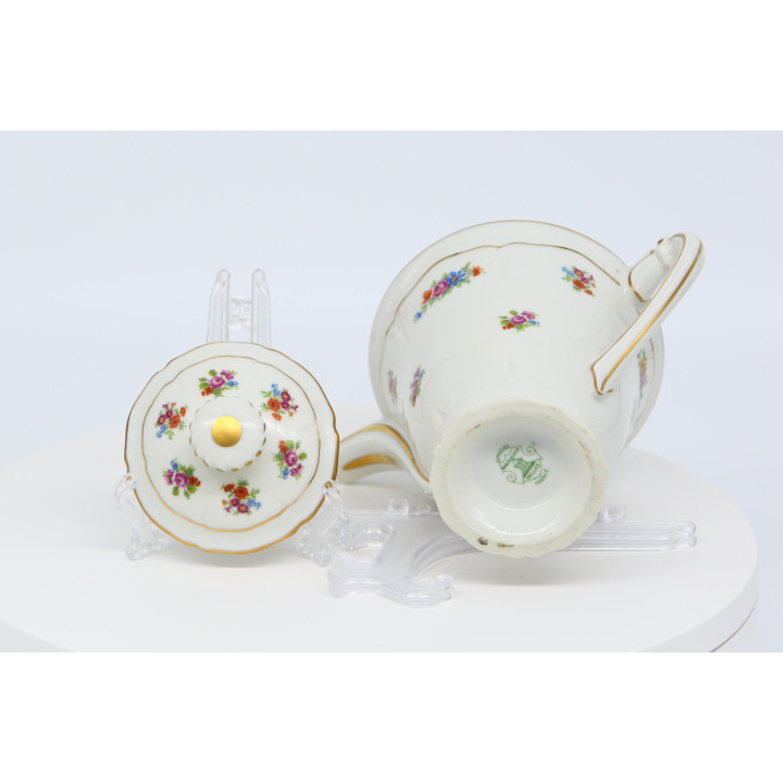 Vintage Limoges Porseleinen Theepot op Bronzen Standaard, Porcelaines Pallas Bloemen Theepot, Goud Verguld Servies, 19cm, Jaren…