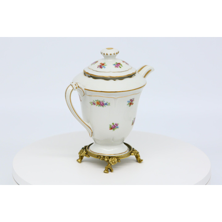 Vintage Limoges Porseleinen Theepot op Bronzen Standaard, Porcelaines Pallas Bloemen Theepot, Goud Verguld Servies, 19cm, Jaren…