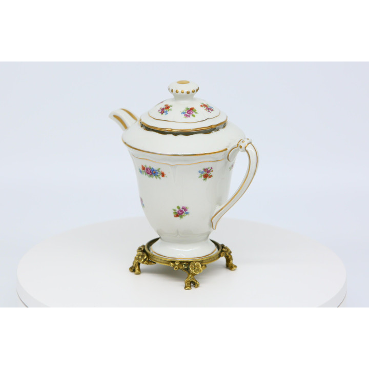 Vintage Limoges Porseleinen Theepot op Bronzen Standaard, Porcelaines Pallas Bloemen Theepot, Goud Verguld Servies, 19cm, Jaren…