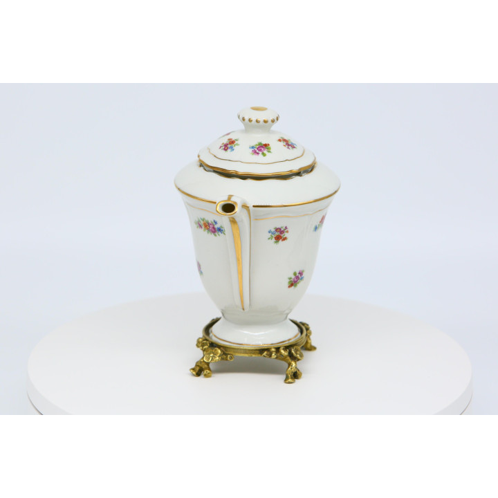Dzbanek do Herbaty z Porcelany Limoges na Brązowym Stojaku, Porcelaines Pallas Imbryk w Kwiaty, Złocone Naczynie, 19cm, Lata 80