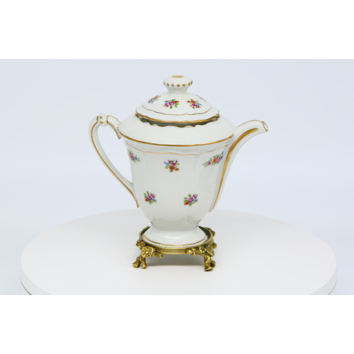 Tetera de Porcelana Limoges con Soporte de Bronce, Porcelaines Pallas Tetera de Té Floral, Vajilla de Oro Fino, 19 cm, Años 80